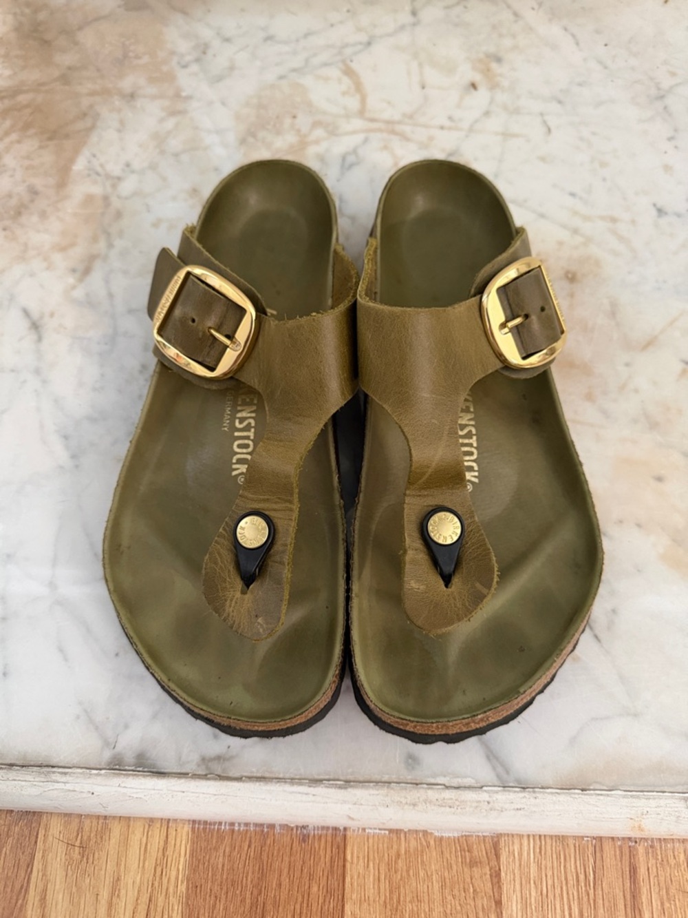 Birkenstock Olive Green Leather Thong Sandals with Gold Buckles